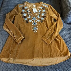 Women's Med ROPER Shirt Gold Velvet Embroidered Tunic Long Sleeve Pullover NEW